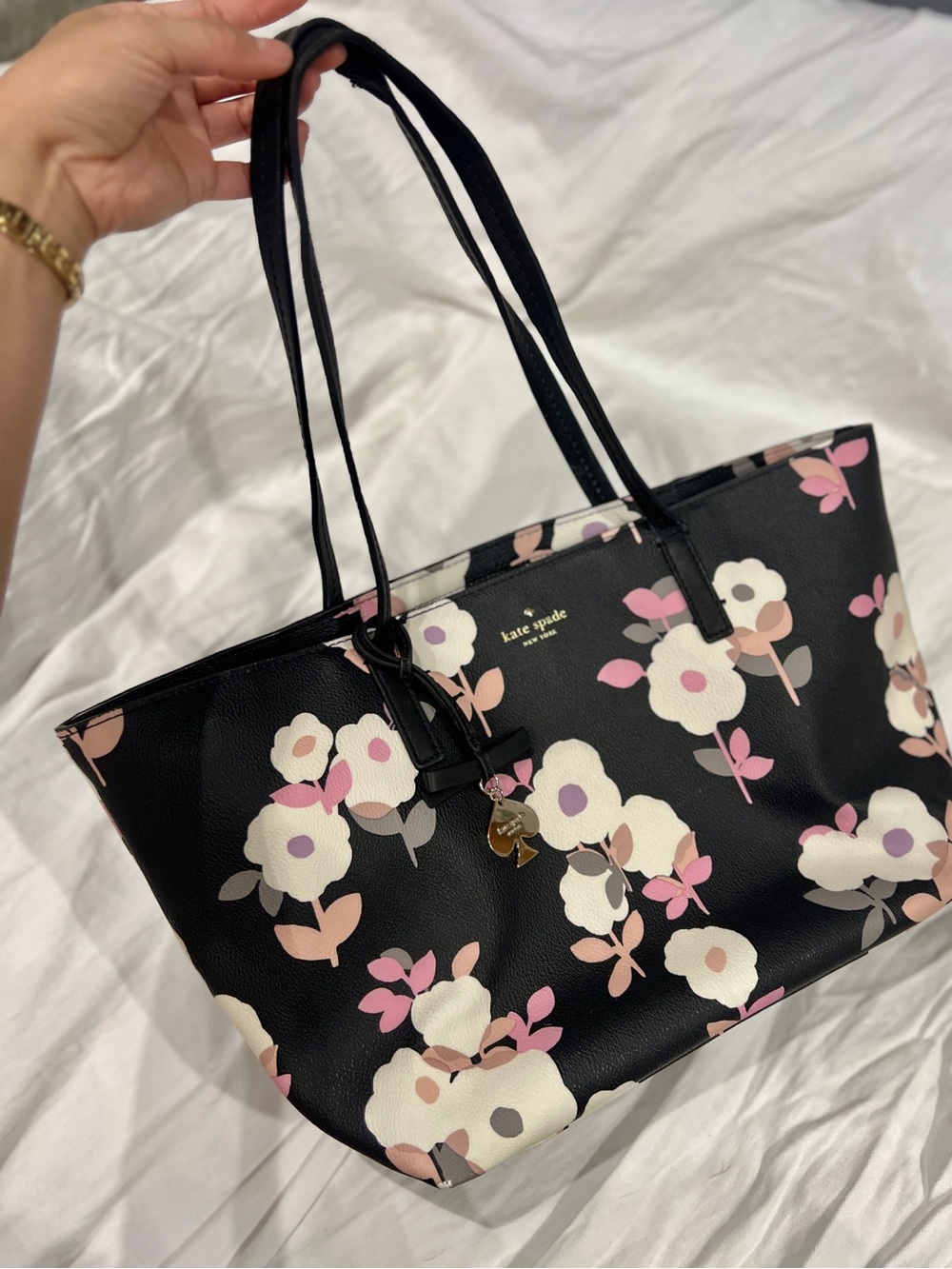 Kate Spade Shore Street Margareta Black Pink Floral Large Tote Bag w Spade Charm